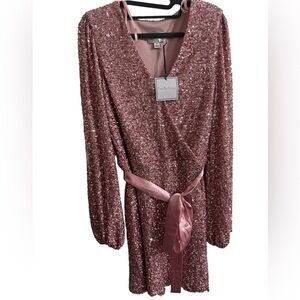 Premier Amour Pink Sequin Wrap Dress with Bishop Sleeves size 8